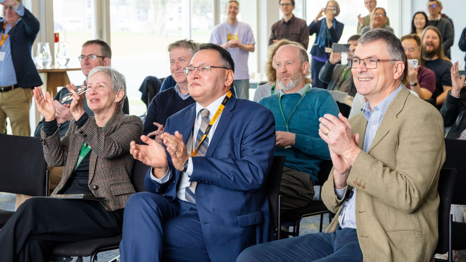 Professor Margaret Hyland, Hon. Dr Shane Reti, and Professor Nick Long celebrating the successful launch of the Hēki demonstration payload.